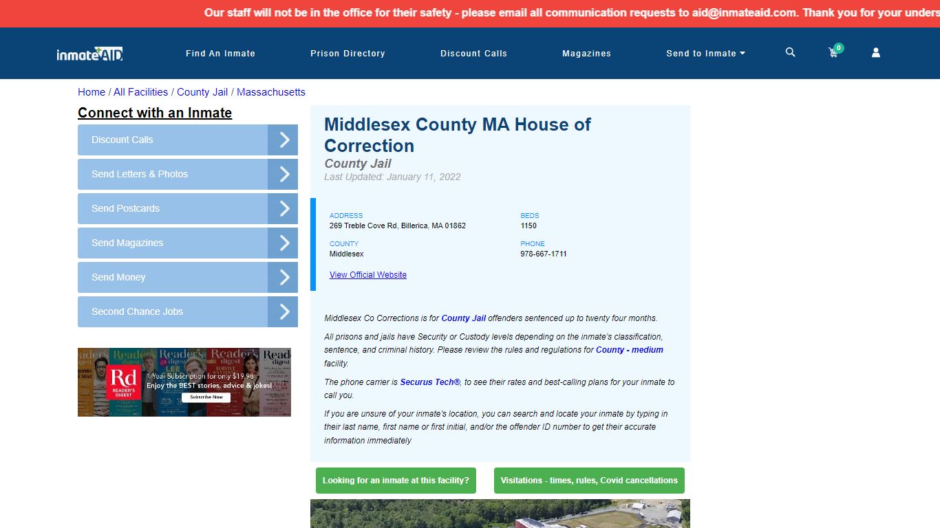 Middlesex County MA House of Correction - Inmate Locator ...